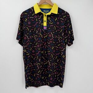 Pins & Aces Golf Polo Shirt Men Large Black Neon Confetti Print Performance